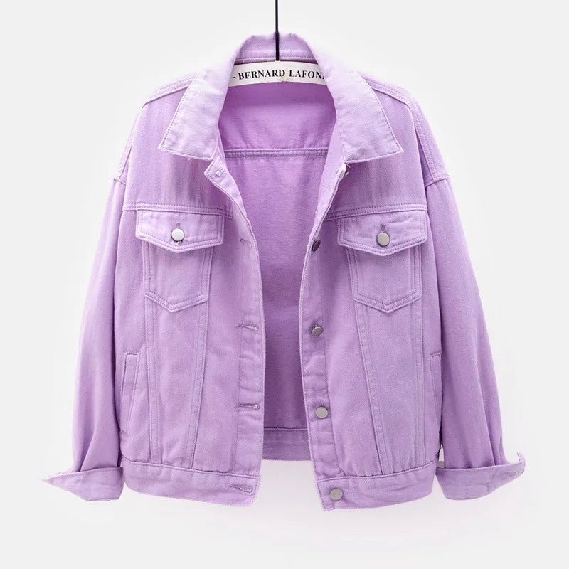 Purple Women's oversized purple cotton denim jacket, front view