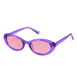 Purple Pink Oval sunglasses on model, angled view