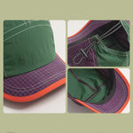 Collage of a green and purple cap with orange accents on a light green background