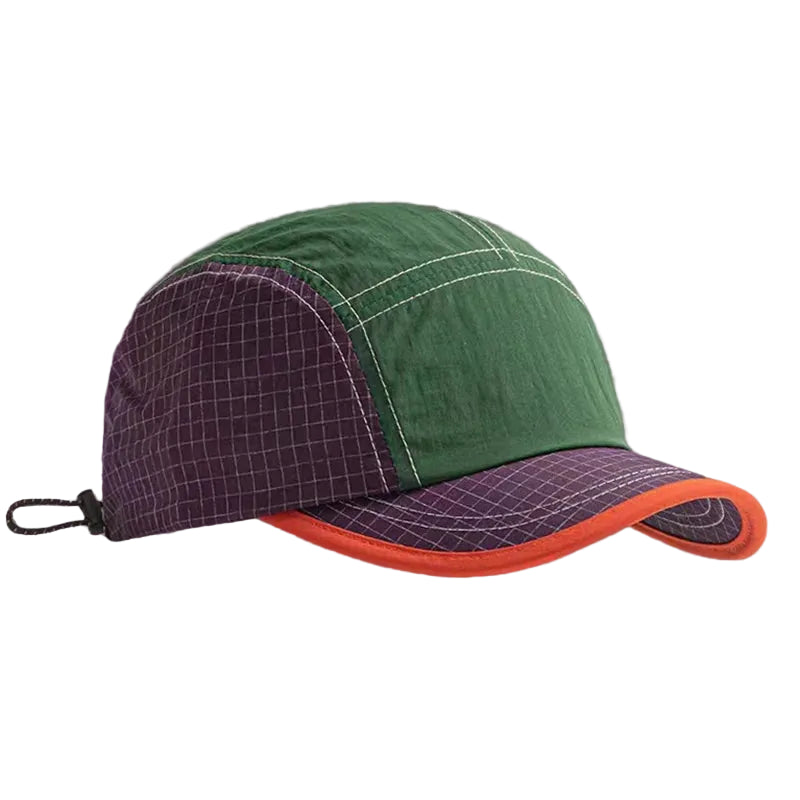 Green and purple cap with orange trim on a purple background