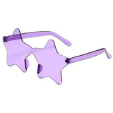 Purple Star-shaped transparent jelly sunglasses on model, full view