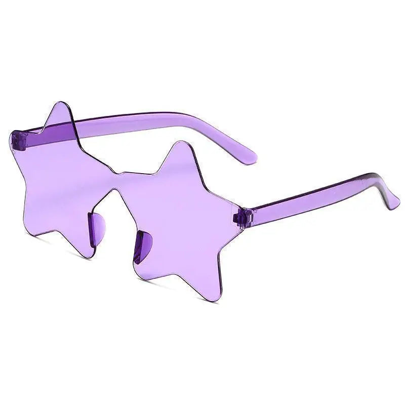 Purple Star-shaped transparent jelly sunglasses on model, full view
