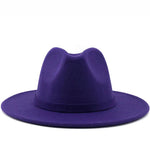 Purple Fedora hat shown in front view with pinched crown and wide brim