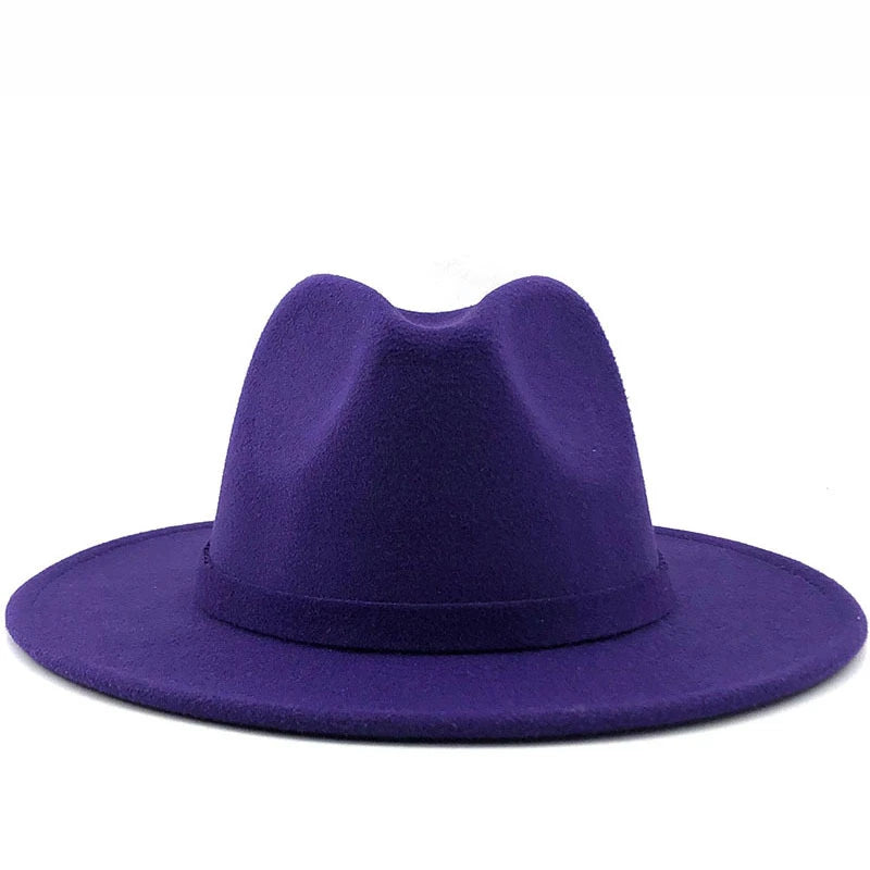 Purple Fedora hat shown in front view with pinched crown and wide brim