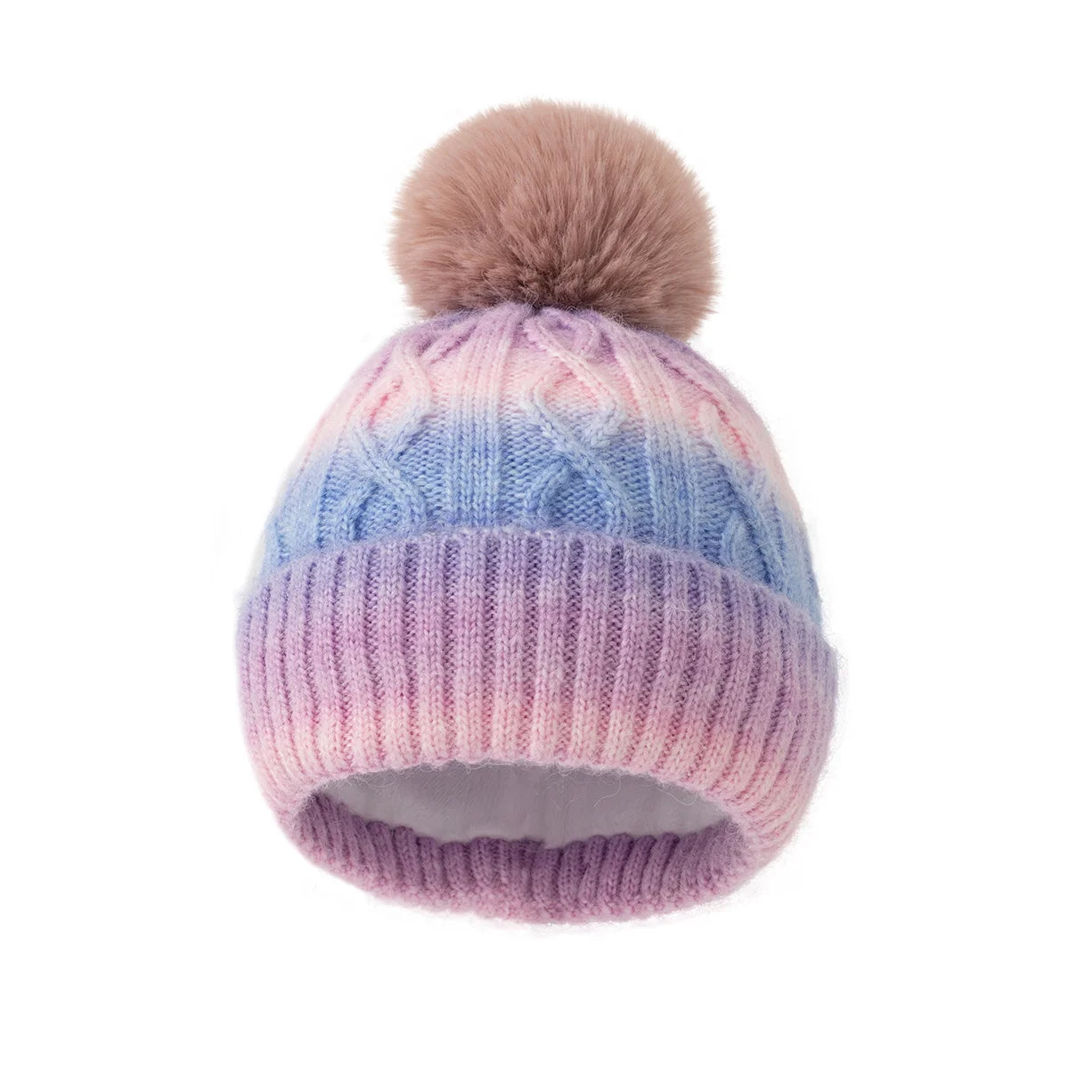 Knitted beanie with a pom-pom in pastel colors on a white background