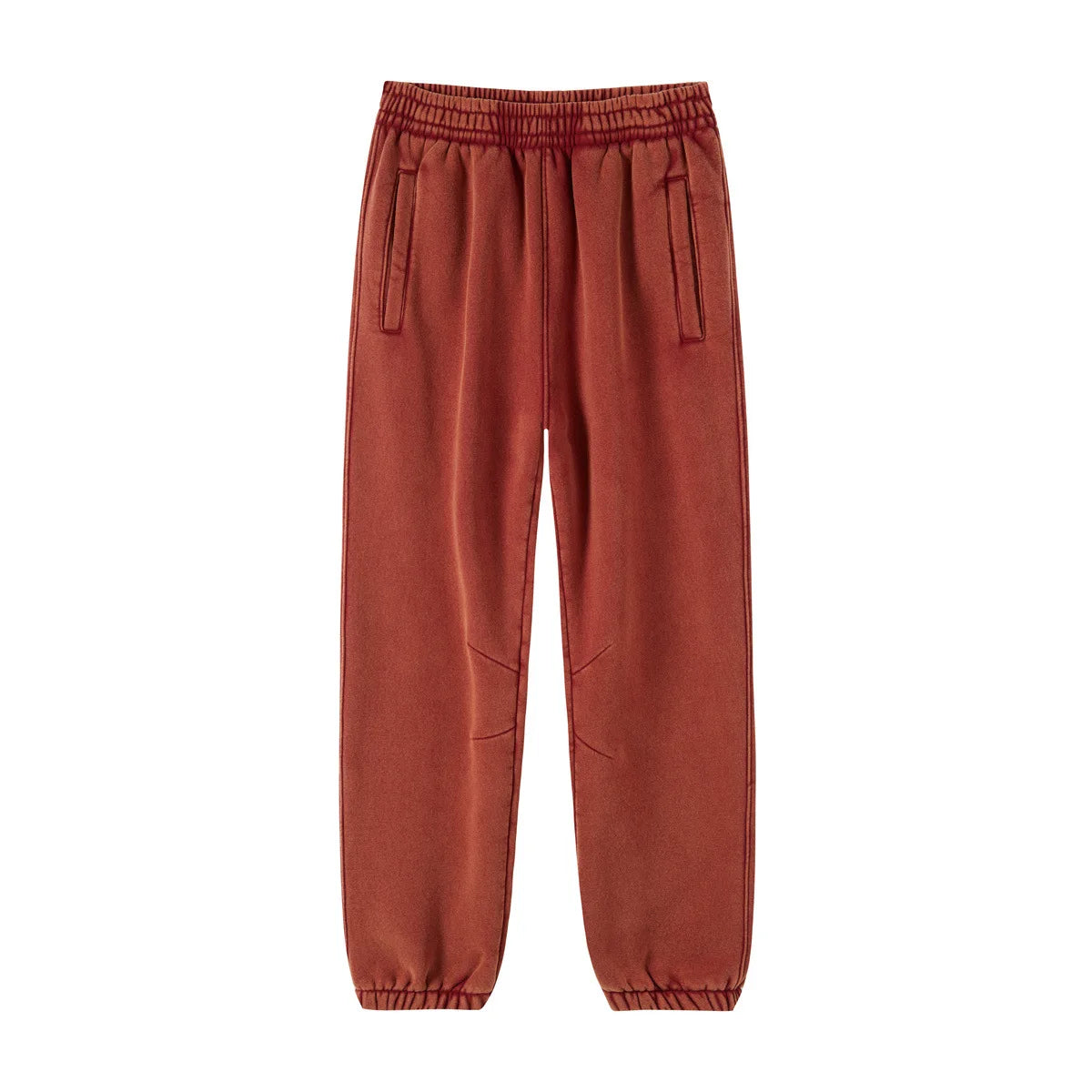 Red Sweatpants flat lay showing elastic waistband, zip pockets and tapered ankle cuffs