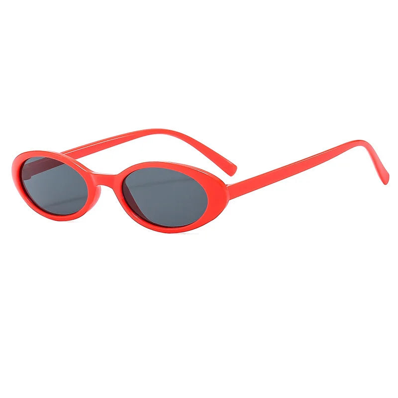 Red-Black Small oval cat eye sunglasses overhead flat lay showing full silhouette