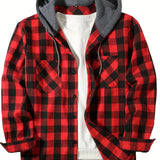 Red Hooded flannel shirt worn open over tee
