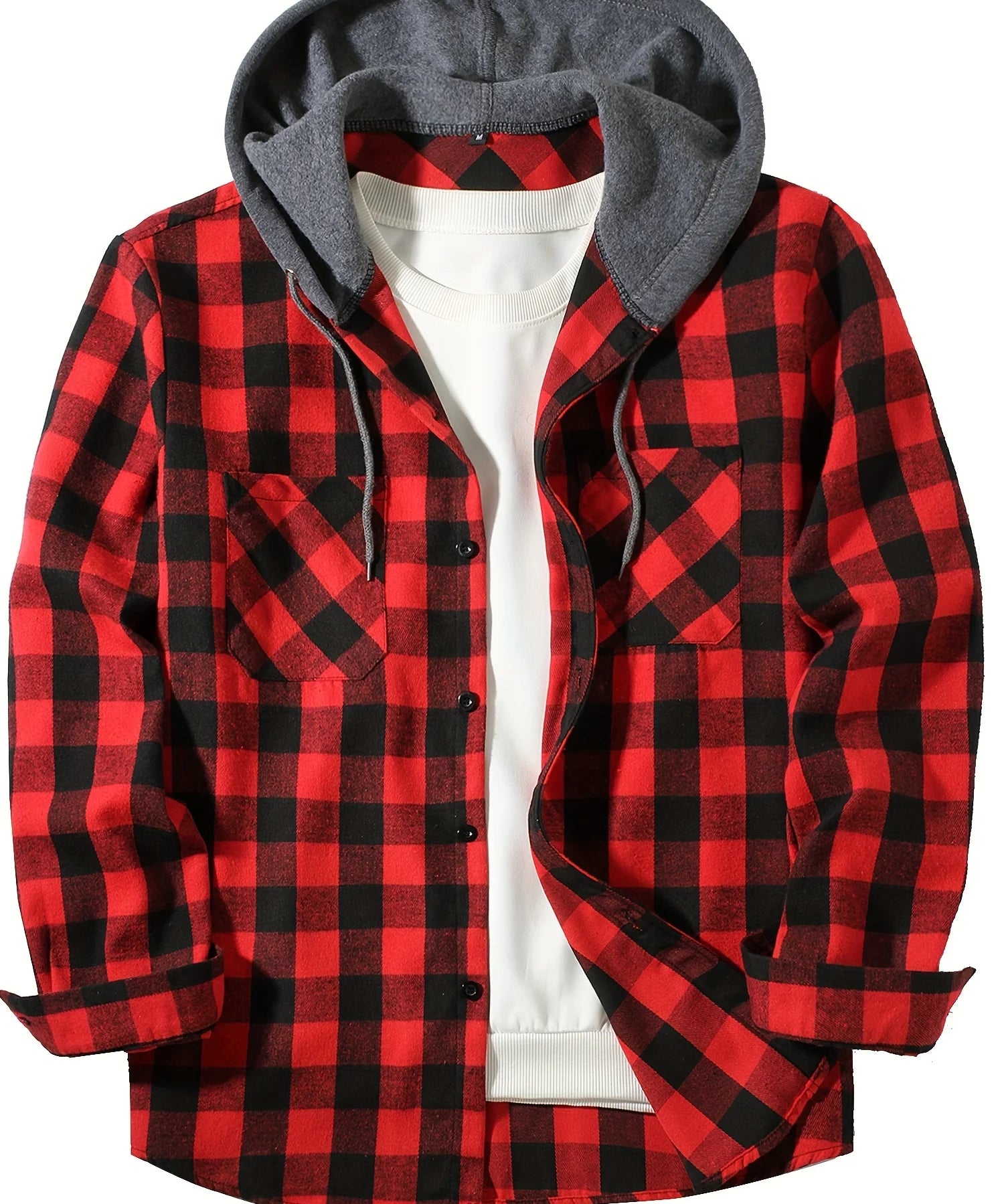 Red Hooded flannel shirt worn open over tee
