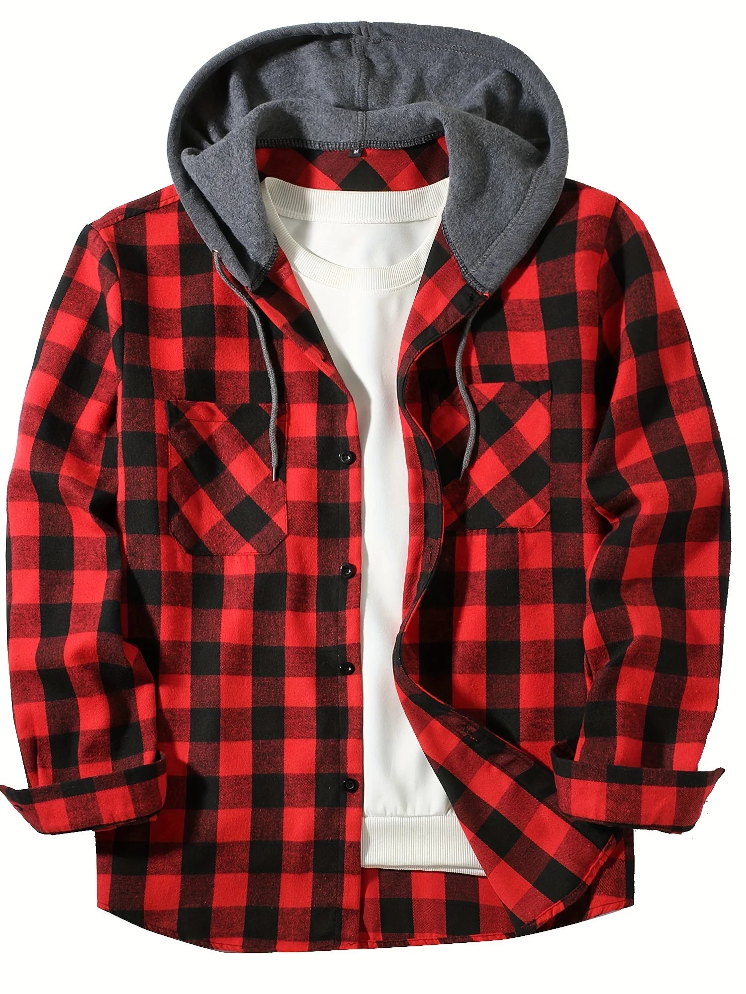 Red Hooded flannel shirt worn open over tee
