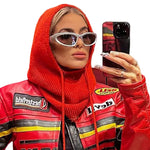 Red Balaclava hood worn pulled up over head with drawstring hanging, selfie mirror shot