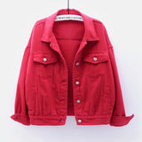 Red Women's oversized red denim jacket, front view, loose fit