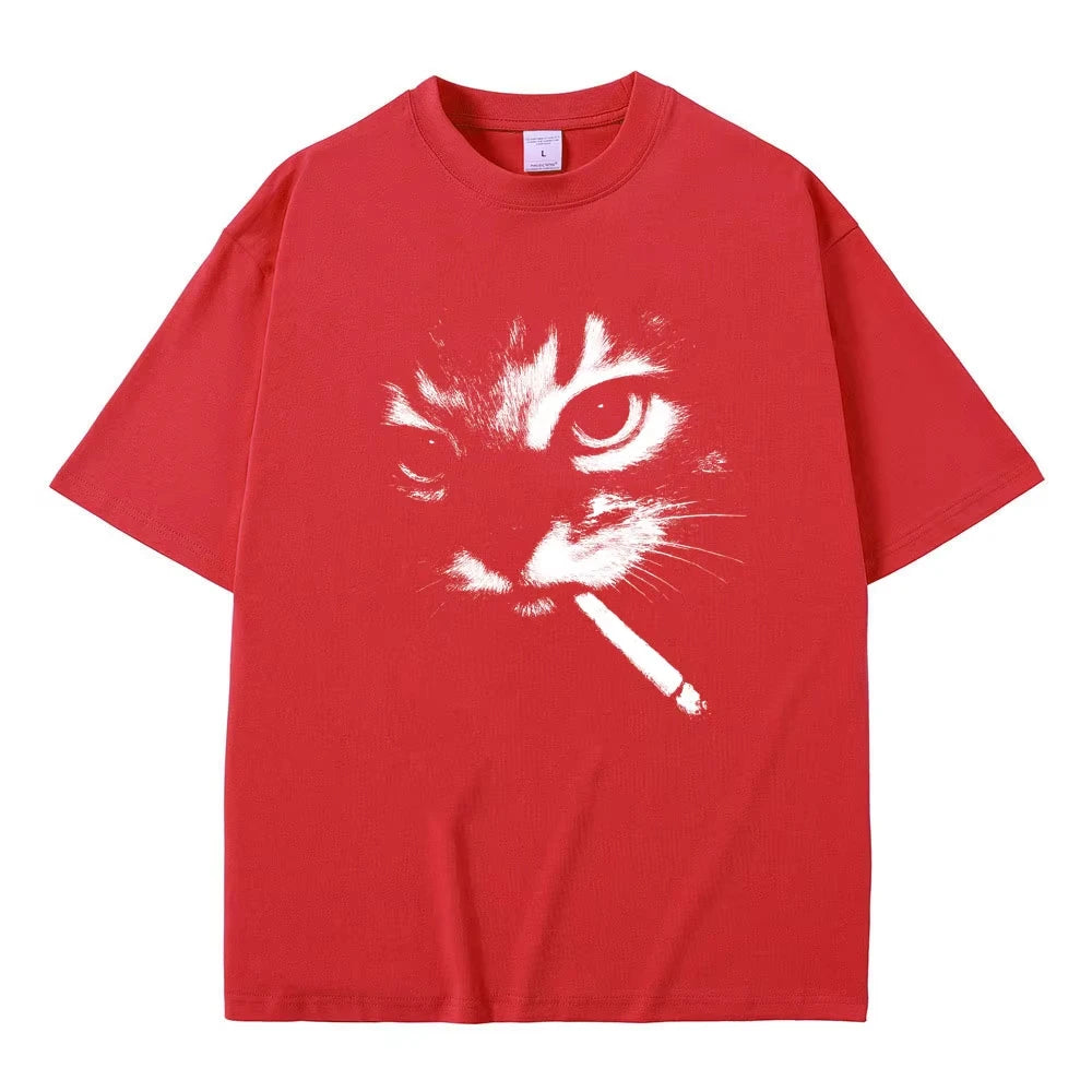red Model wearing smoking cat graphic tee — on-body side view