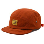 Red Vintage short brim 5-panel cap — close-up detail of brim and panel seams