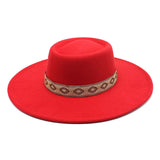 Red wide-brim felt fedora hat worn at an angle