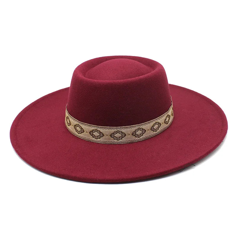 Red wine wide-brim felt fedora hat, back view showing structured crown