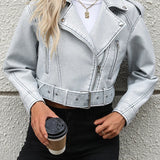 Retro Blue Cropped Denim Moto Jacket