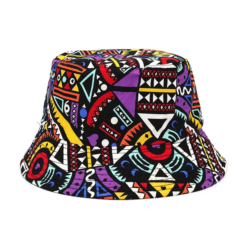 Colorful bucket hat with geometric pattern on a white background