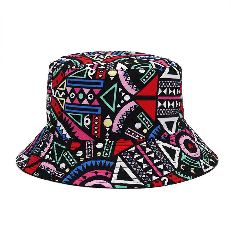 Colorful bucket hat with geometric pattern on a white background