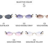Five pairs of sunglasses with different color combinations on a white background