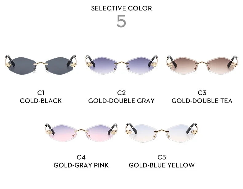 Five pairs of sunglasses with different color combinations on a white background