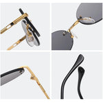 Rimless oval sunglasses on model, side view