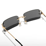 Rimless rectangle sunglasses on model, side
