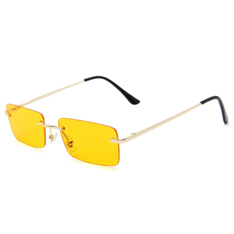 Rimless rectangle sunglasses worn, angle view