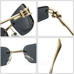 Frameless rimless sunglasses worn on model, side view