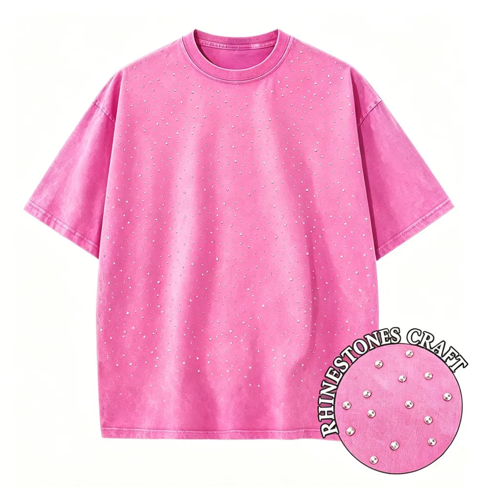 Rose Red 1 Rhinestone vintage wash oversized distressed tee — styled view 3