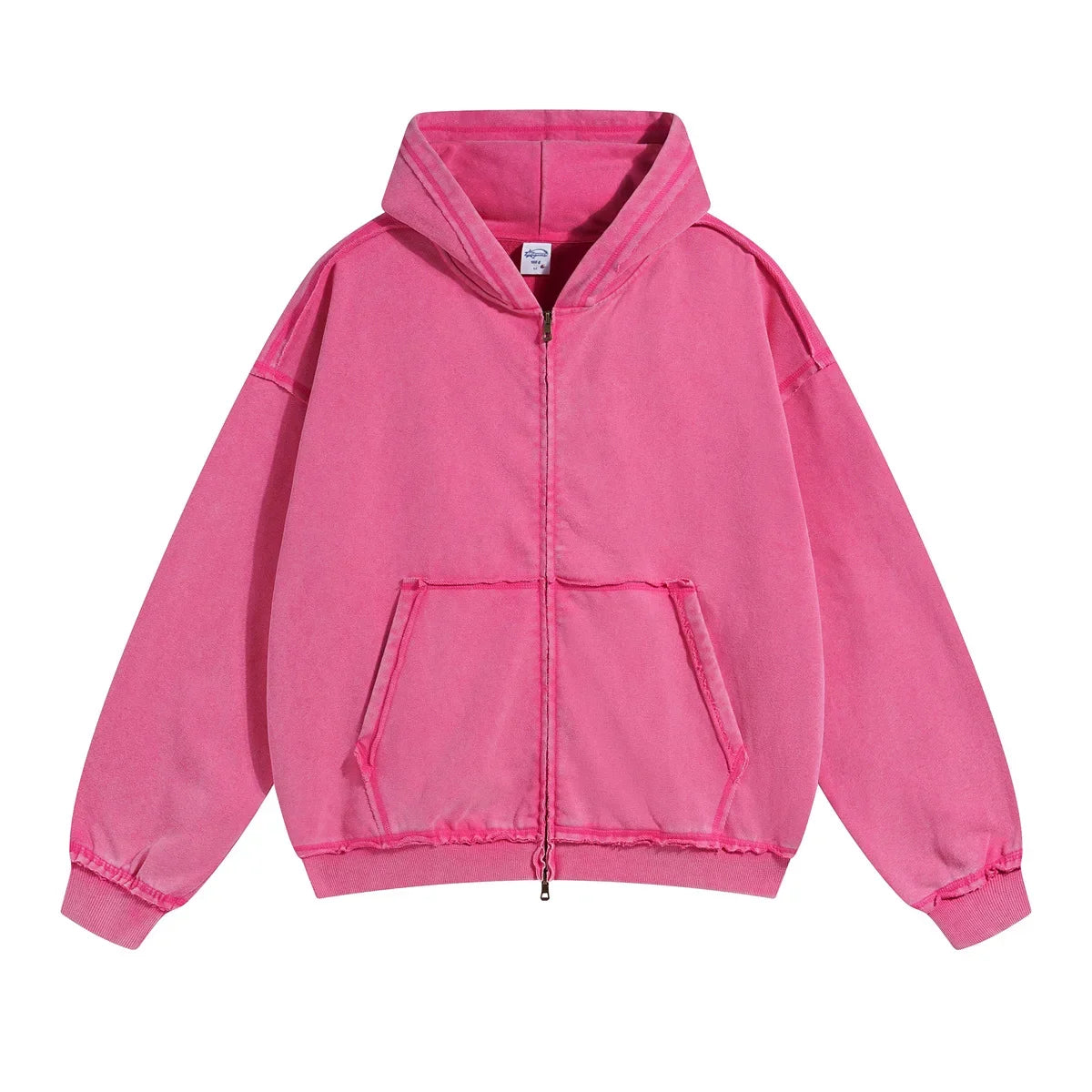 Rose Red Acid wash zip-up hoodie worn, back view