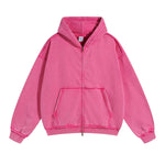 Rose Red Acid wash zip-up hoodie worn, back view