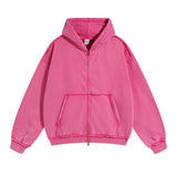 Rose Red Acid wash zip-up hoodie worn, back view