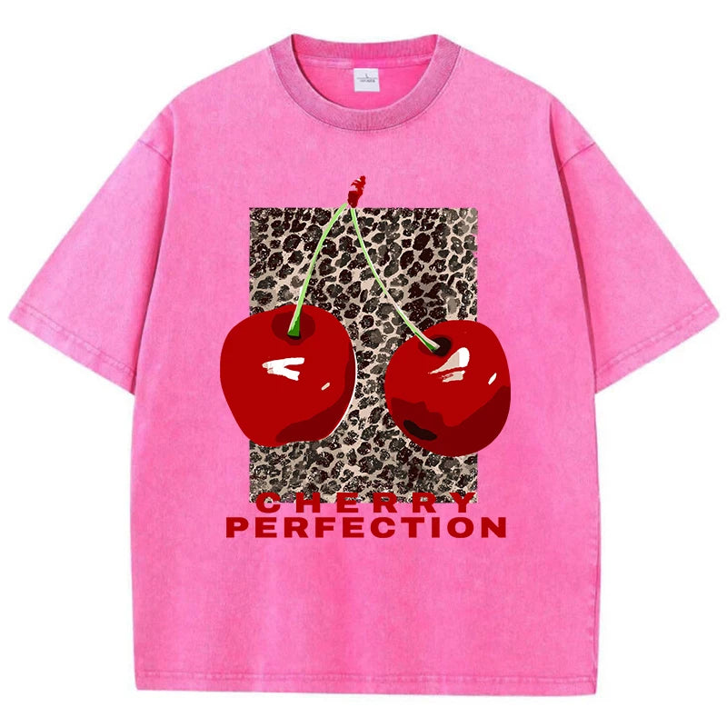 Rose Red Model in streetwear cherry leopard print knit tee, casual styling