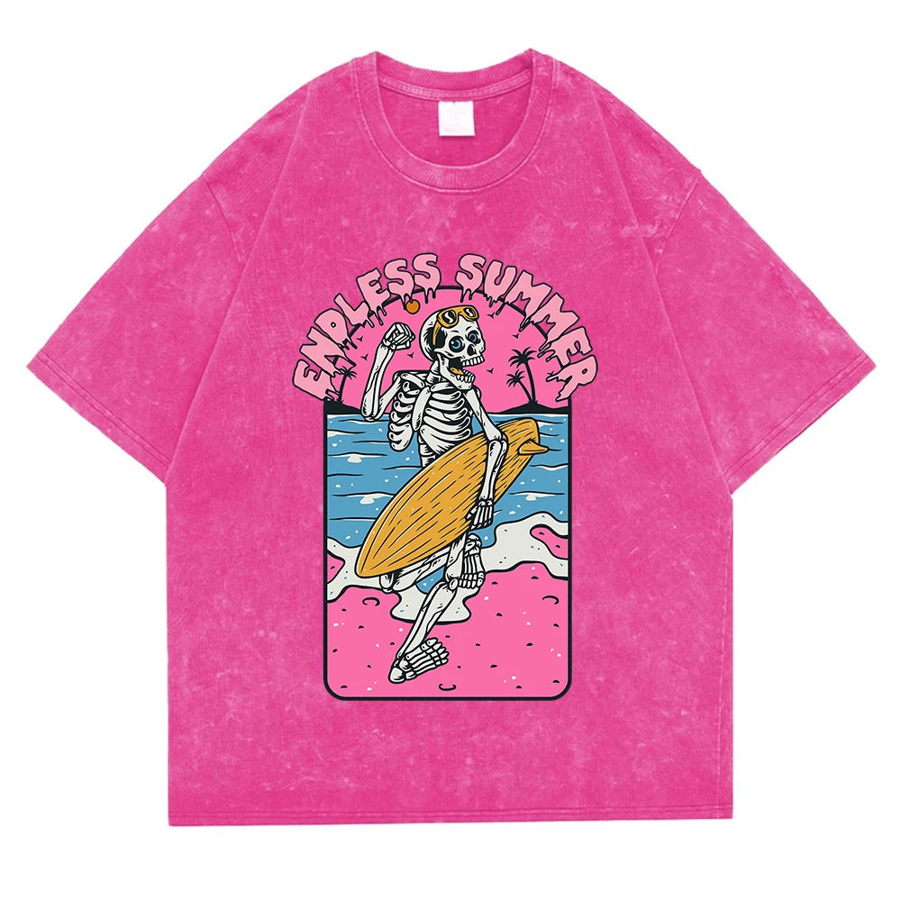 Rose Red Flat lay of Endless Summer Skeleton graphic tee — crew neck cotton t-shirt