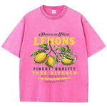 Rose red lemon graphic tee, close-up of distressed cotton fabric and wash texture