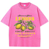 Rose red lemon graphic tee, close-up of distressed cotton fabric and wash texture