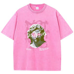 Rose Red Back view of women's oversized cotton graphic tee with drop-shoulder sleeves