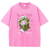 Rose Red Back view of women's oversized cotton graphic tee with drop-shoulder sleeves