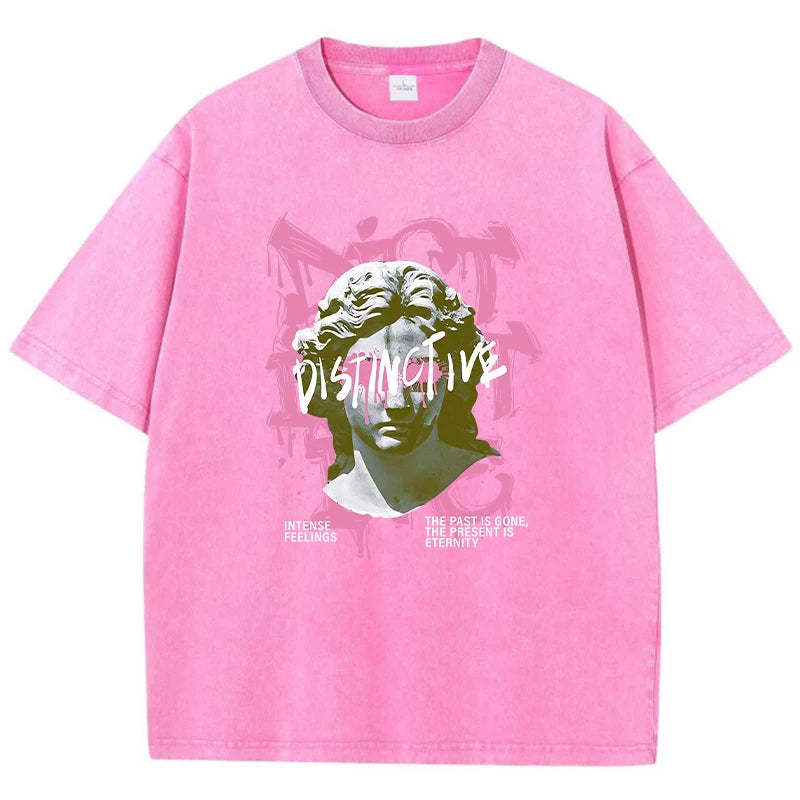 Rose Red Back view of women's oversized cotton graphic tee with drop-shoulder sleeves