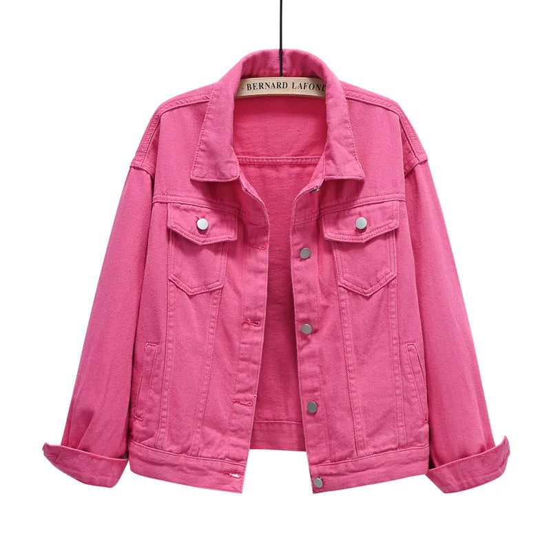 Rose Red Women's oversized sky blue denim jacket, front view, loose silhouette
