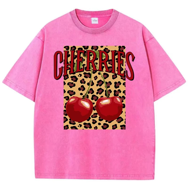 Rose Red-Xy379 Distressed cherry leopard knit tee on model, waist-up view