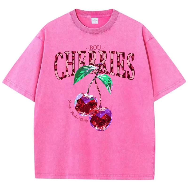 Rose Red-Xy383 Flat lay of cherry and leopard cotton knit graphic tee