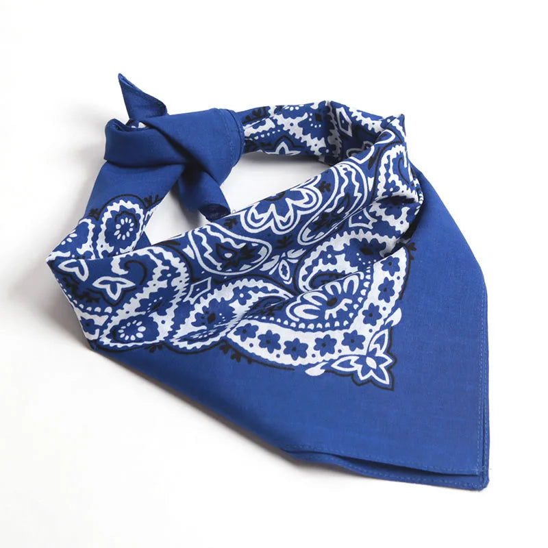 Royal Blue Paisley bandana shown styled multiple ways