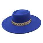 Royal blue wide-brim felt fedora hat, lifestyle shot