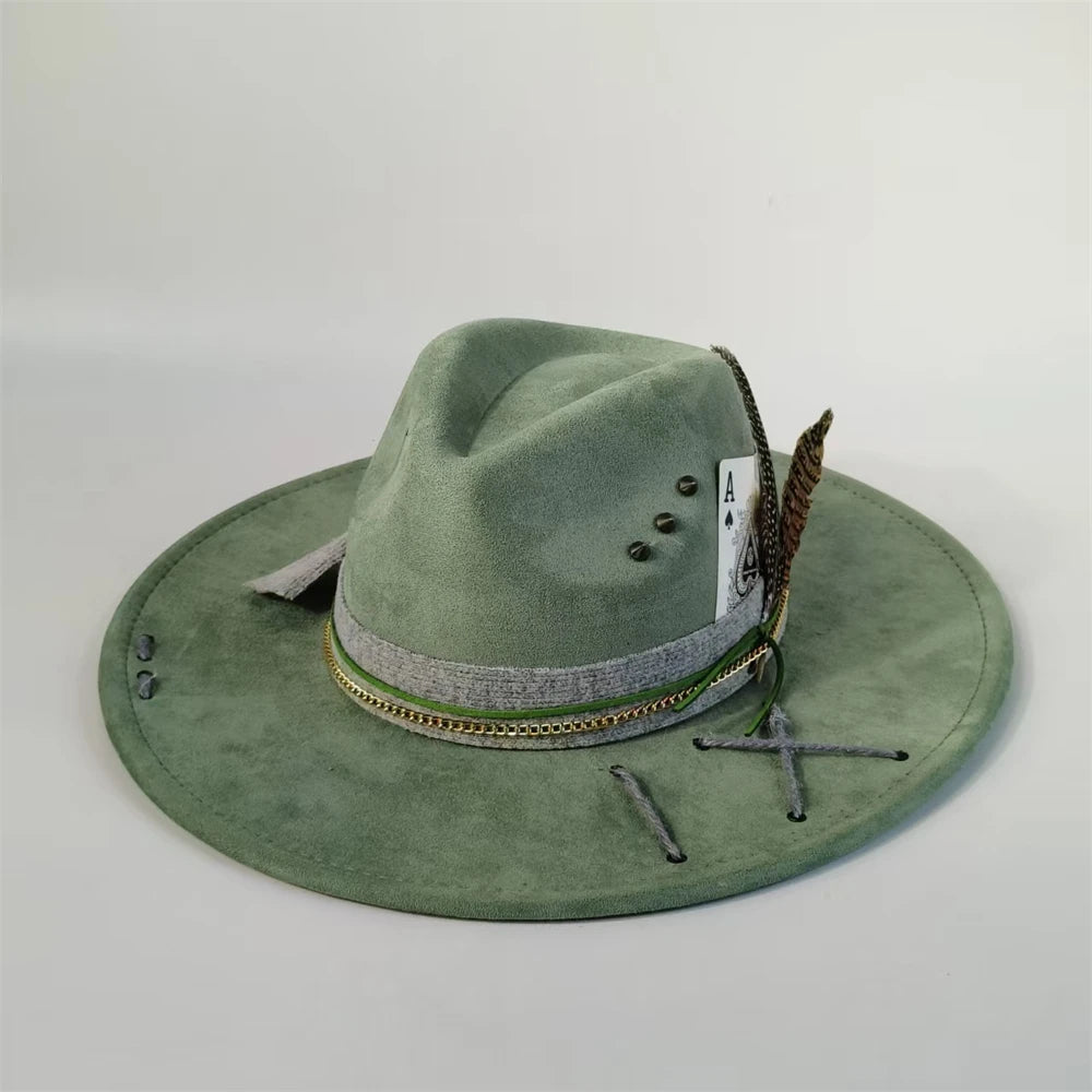 Sage Alternate colorway distressed wide-brim cowboy hat worn on model