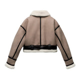Shearling Lined Faux Leather Aviator Jacket - Women's Khaki Moto Coat with Belt