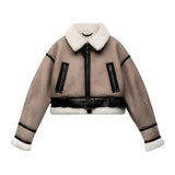 Shearling Lined Faux Leather Aviator Jacket - Women's Khaki Moto Coat with Belt