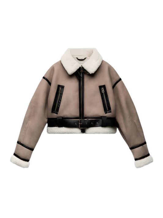 Shearling Lined Faux Leather Aviator Jacket - Women's Khaki Moto Coat with Belt