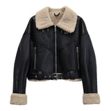 Shearling Lined PU Leather Jacket - Women's Faux Fur Moto Coat